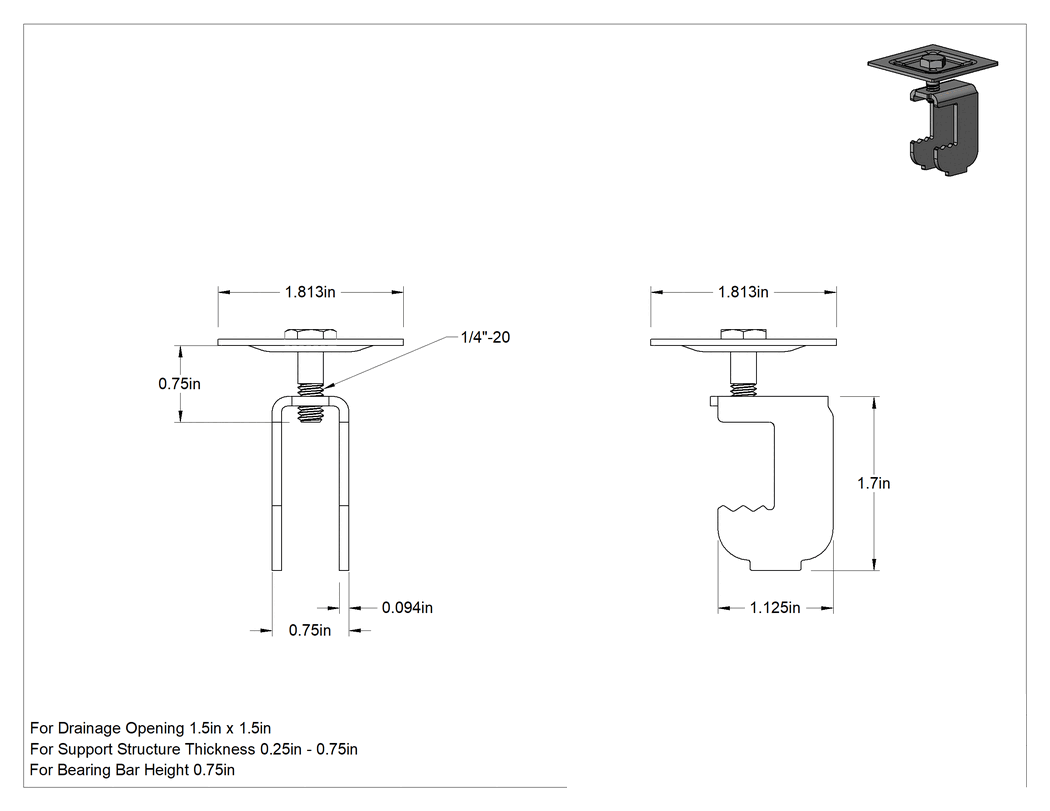 Teknik Çizim - Fiberglas Çubuk Izgara Klipsi, 0.75 inç Yükseklikli Taşıyıcı Lama için C-Klipsi, 1.5 inç Genişlik x 1.5 inç Uzunluk Açıklık