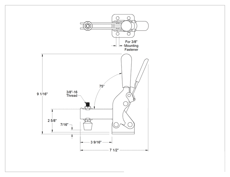 Teknik Çizim - Kilitleme Kolu ile Sabitleme Mandalı, Açık Kol, 1400 lbs. Kapasite, 7/16" Sıkıştırma Boşluğu, Çelik