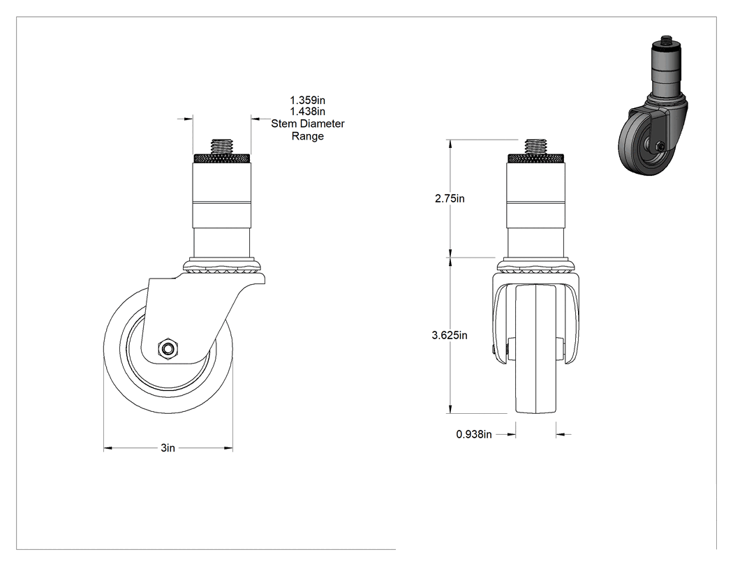 Teknik Çizim - Sürtünmeli Tutuşlu Saplı Tekerlek, 3" Çaplı Kauçuk Tekerlek ve 1-23/64" ila 1-7/16" Sap Çapı