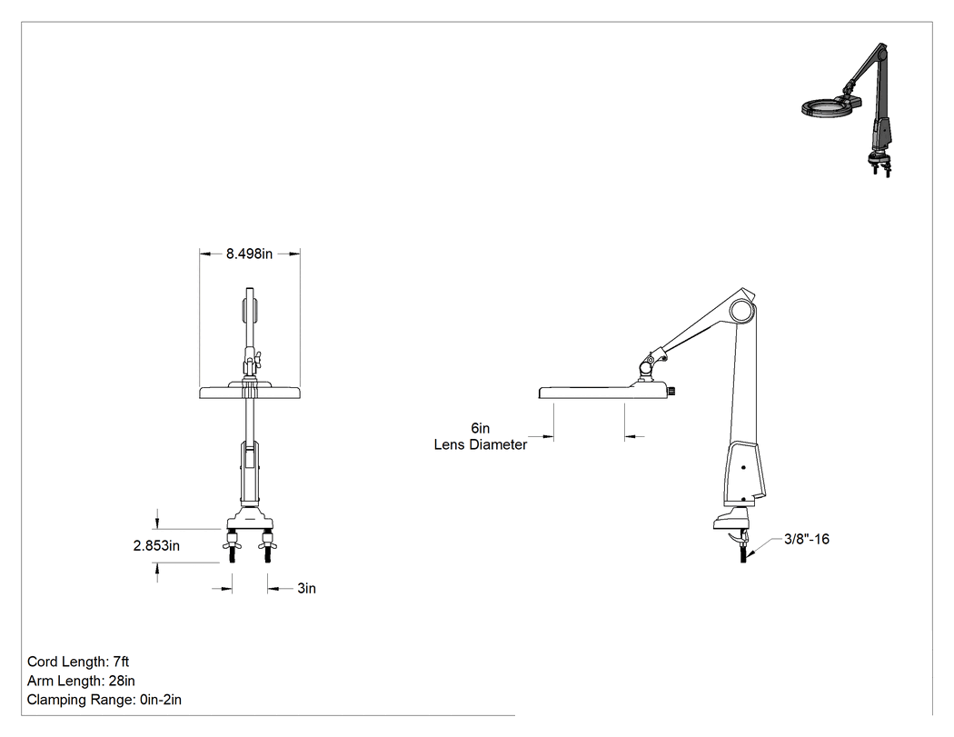 Teknik Çizim - İş İstasyonu Büyüteci, Aydınlatmalı, Kelepçeli, 1.75x Büyütme, 28" Uzunluğunda Kol