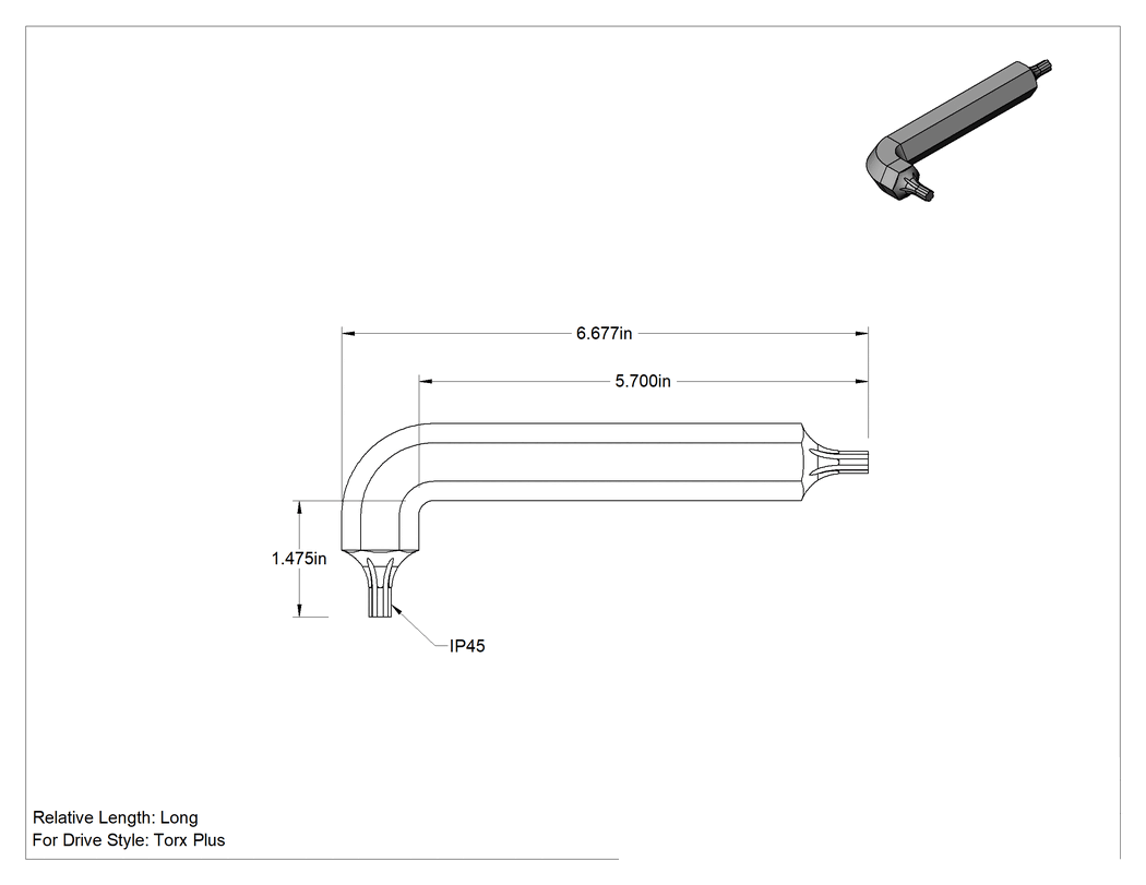Teknik Çizim - Siyah Fosfat Kaplı Alaşımlı Çelik L-Anahtarı, Torx Plus, IP45 Tahrik Boyutu, 5-11/16" Toplam Uzunluk