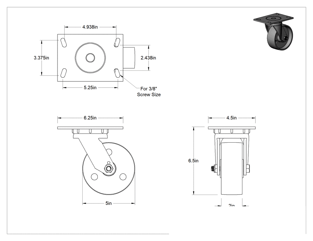 Teknik Çizim - 6-1/4" x 4-1/2" Plakalı Yüksek Kapasiteli Mauler Tekerlek, 5" Çapında Metal Tekerlekli Döner