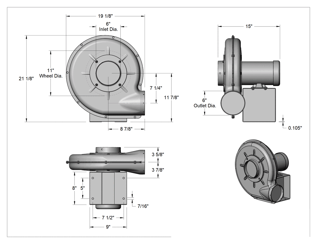 Teknik Çizim - Yüksek Çıkışlı Üfleyici, Yuvarlak Çıkış, Tamamen Kapalı, 230/460V AC, 1 hp