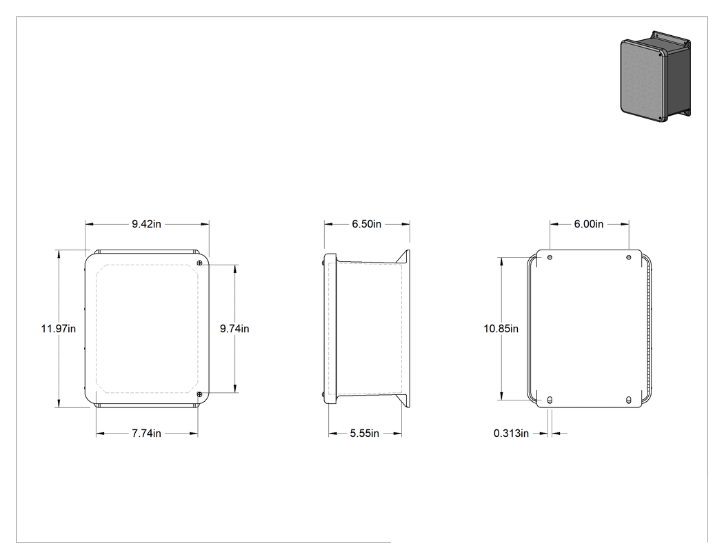 Teknik Çizim - Su Geçirmez Fiberglas Muhafaza, Vidalı Kapaklı Menteşeli Kapak, 9.5" x 12" x 6.5", Gri