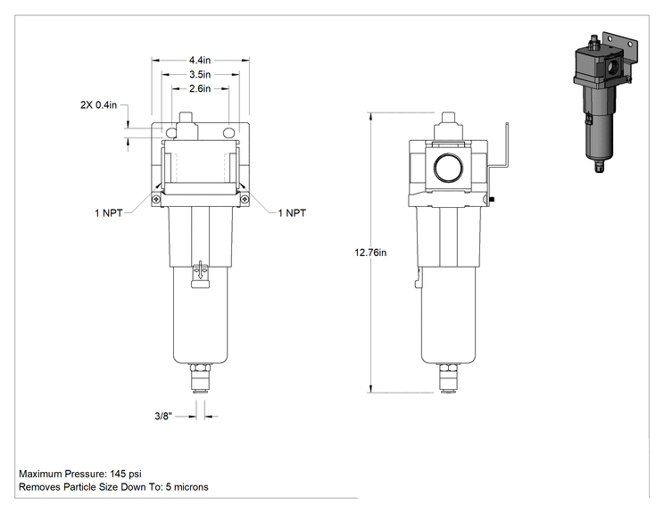 Teknik Çizim - Modüler Basınçlı Hava Filtresi, SMC Serisi AF50-D, Otomatik Tahliye, 1 NPT Dişi