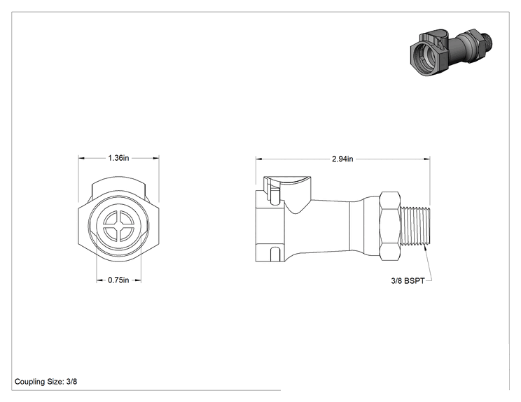 Teknik Çizim - Hızlı Bağlantı Tüp Bağlantısı, Soket, 3/8 Boyutu, 3/8 BSPT Erkek