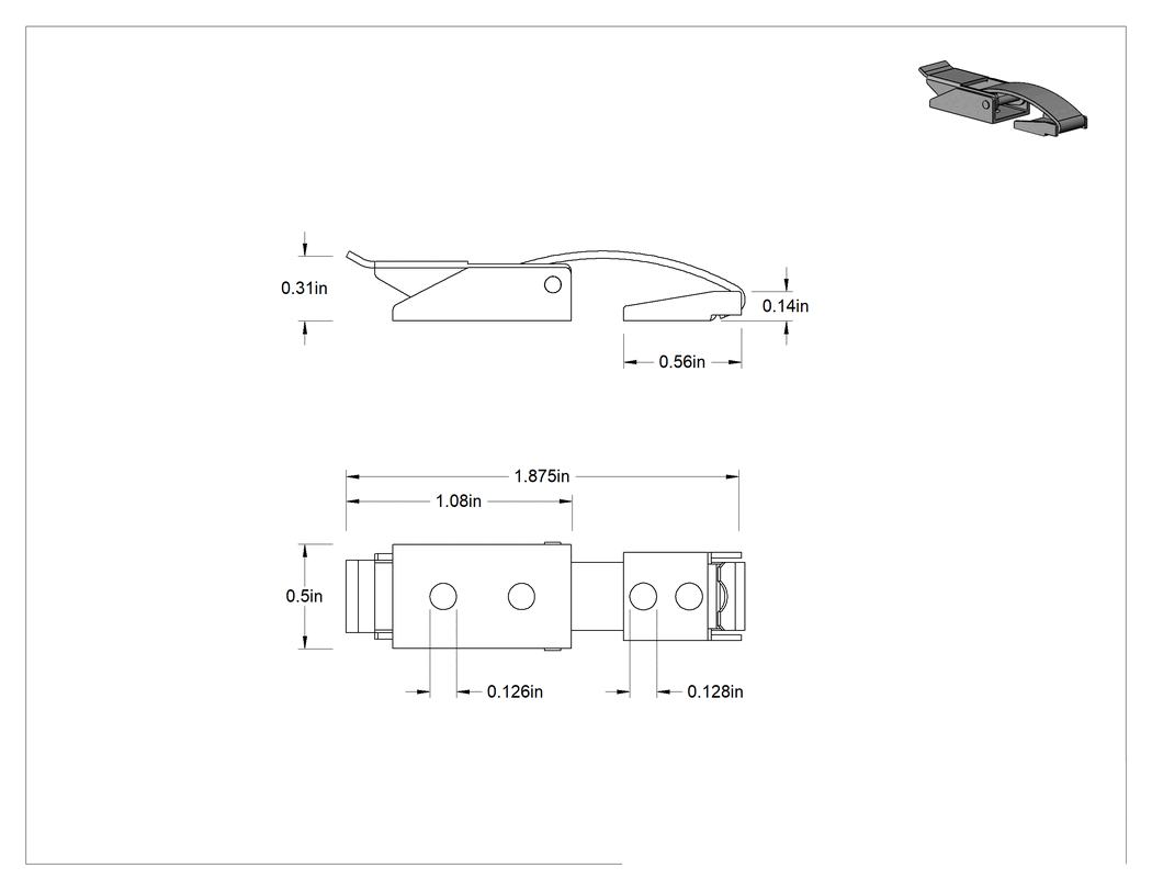 Teknik Çizim - Çekme Mandalı, Kare Karşılıklı, 17-7 PH Paslanmaz Çelik, 1-7/8" Uzunluk x 1/2" Genişlik