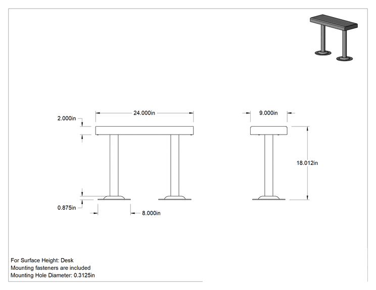 Teknik Çizim - Temiz Oda Tezgahı, Paslanmaz Çelik, 18" Yükseklik x 24" Genişlik x 9" Derinlikli Oturak