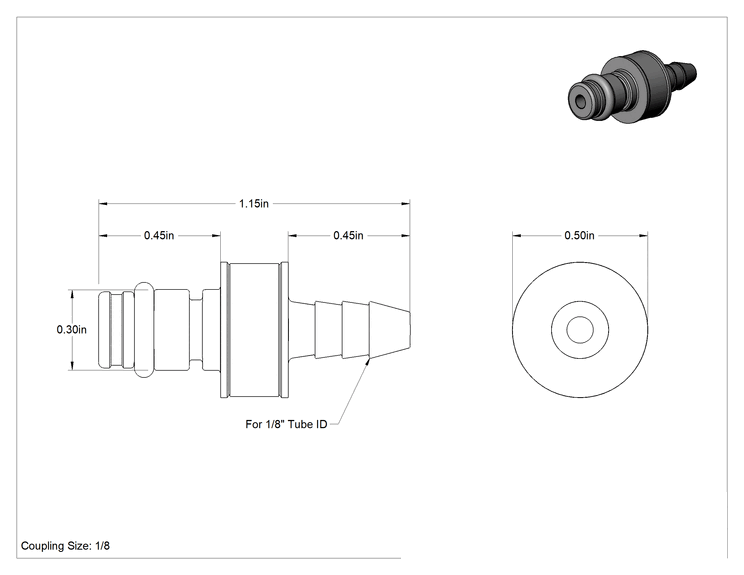 Teknik Çizim - Hava için Yüksek Basınçlı Pirinç Hızlı Bağlantı Boru Bağlantısı, Anahtarlı, Sarı Şerit, 1/8" Boru İç Çapı için Erkek Uç, 1/8 Kaplin Boyutu