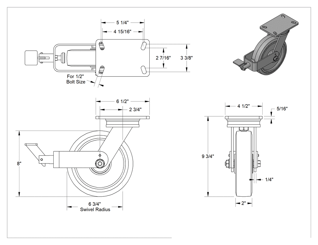 Teknik Çizim - 6-1/2" x 4-1/2" Plakalı Yüksek Kapasiteli Kingston Tekerlek, Frenli ve 8 inç Çapında Yeşil Poliüretan Tekerlekli Döner Ayak