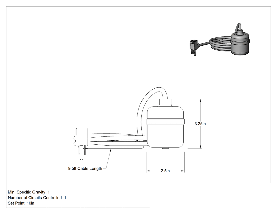 Teknik Çizim - Su İçin Takılabilir Şamandıralı Anahtarlar, 2-1/2" Çaplı Şamandıra, 120V AC Giriş, 9-1/2' Kablo, SPST-NC