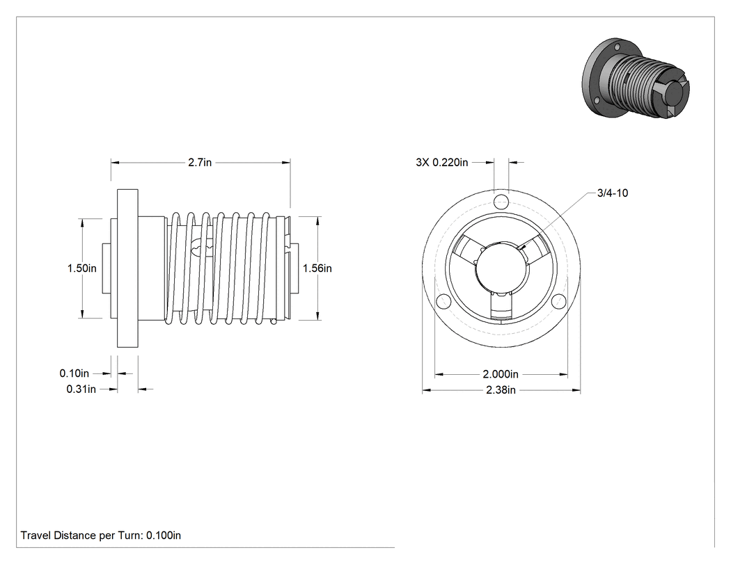 Teknik Çizim - Ultra Hassas Kılavuz Vidayı için Yaylı 3/4"-10 Dişli Boyutlu Flanşlı Somun