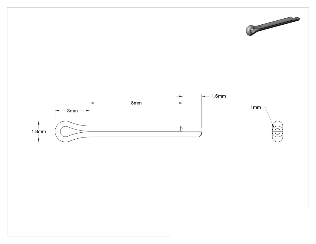 Teknik Çizim - Kopilya, Çinko Kaplı Yay Çeliği, 1 mm Çap, 8 mm Uzunluk
