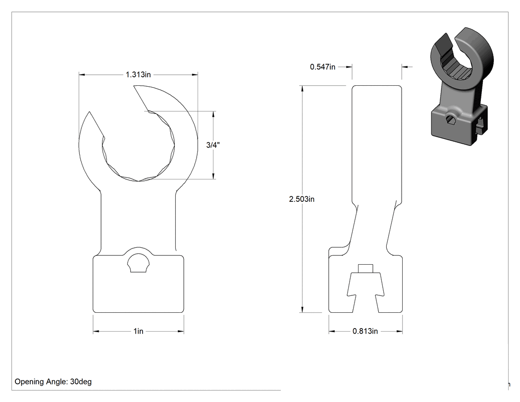 Teknik Çizim - Değiştirilebilir Başlıklı Tork Anahtarı için 3/4" Boyut 12 Uçlu Sure-Grip Açık Uçlu Başlık