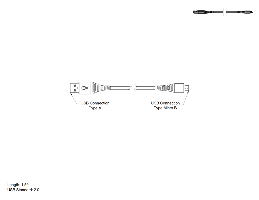 Teknik Çizim - Uzun Ömürlü USB Kablosu, A Fiş x Mikro-B Fiş, 1-1/2 Fit Uzunluk, Siyah