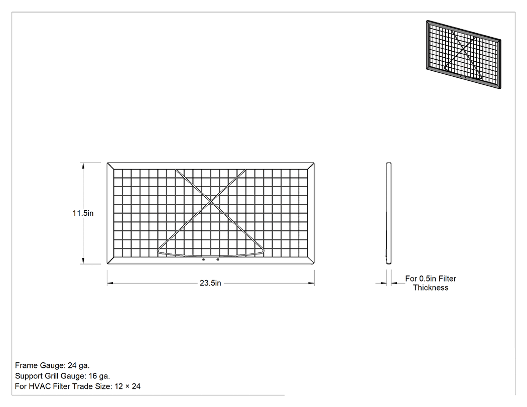 Teknik Çizim - Ped ve Rulo Hava Filtresi Çerçevesi, 1/2" Filtre Kalınlığı ve 12 x 24 HVAC Filtre Anma Ölçüsü için