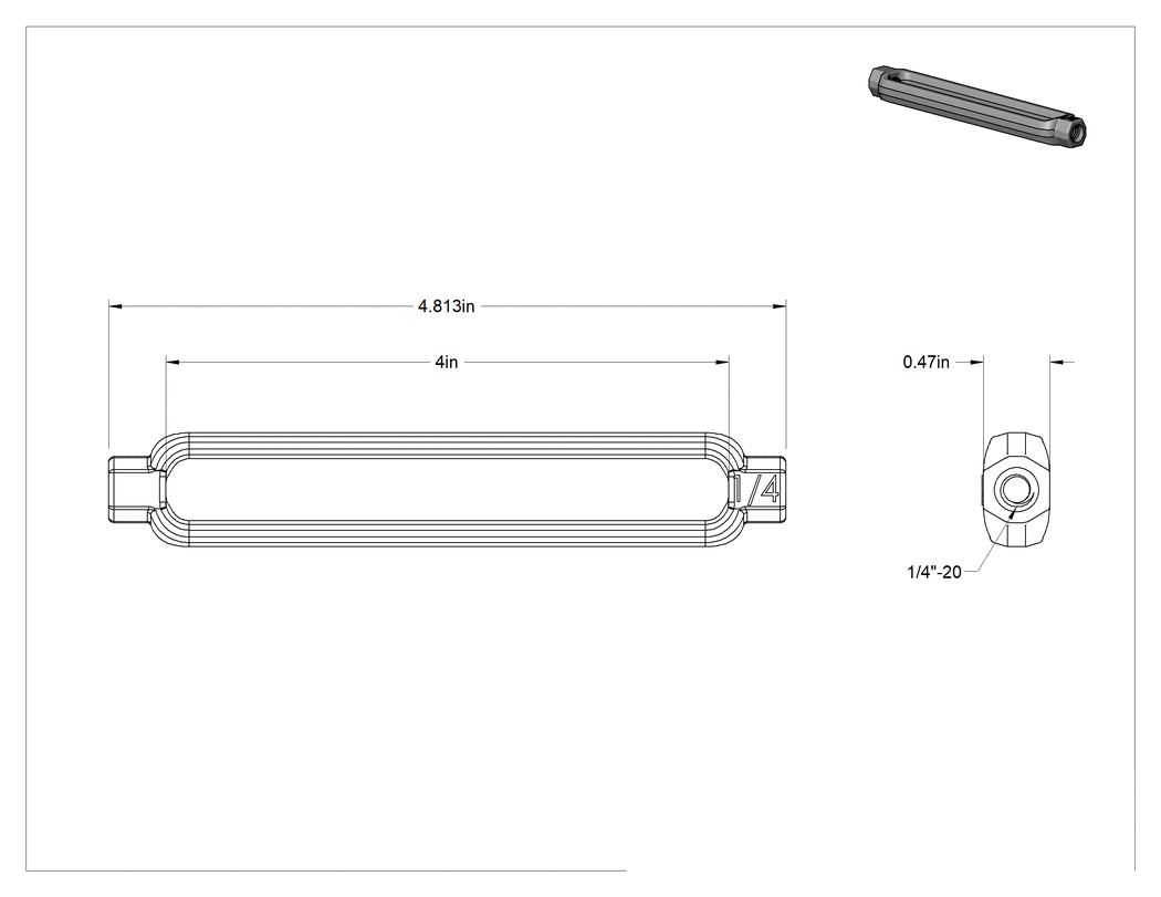 Teknik Çizim - Çelik Gerdirme - Kaldırma Amaçlı Değildir, Sadece Gövde, 1/4"-20 Diş Boyutu, 4" Maksimum Ayar