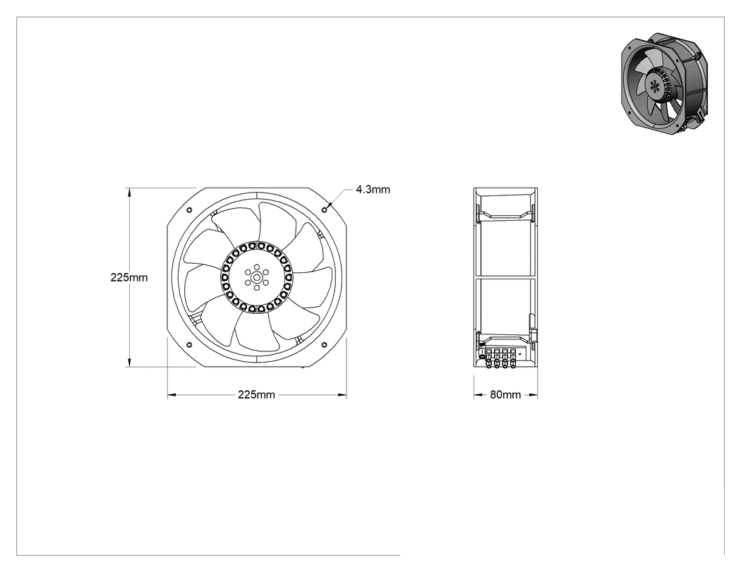 Teknik Çizim - Islak Ortam Ekipman Soğutma Fan Kitleri, 225 mm x 225 mm x 80 mm Toplam