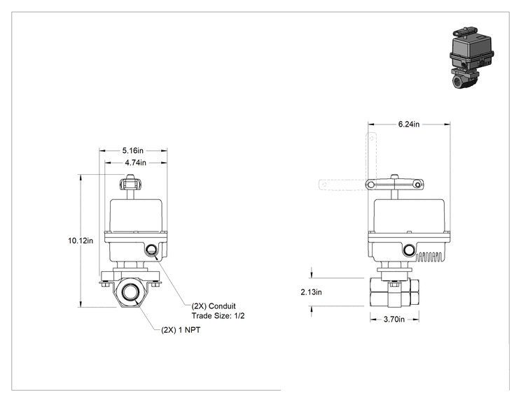 Teknik Çizim - Motor Tahrikli Açma/Kapama Vanası, Pirinç Gövde, 1 NPTF Dişi, Tam Bağlantı