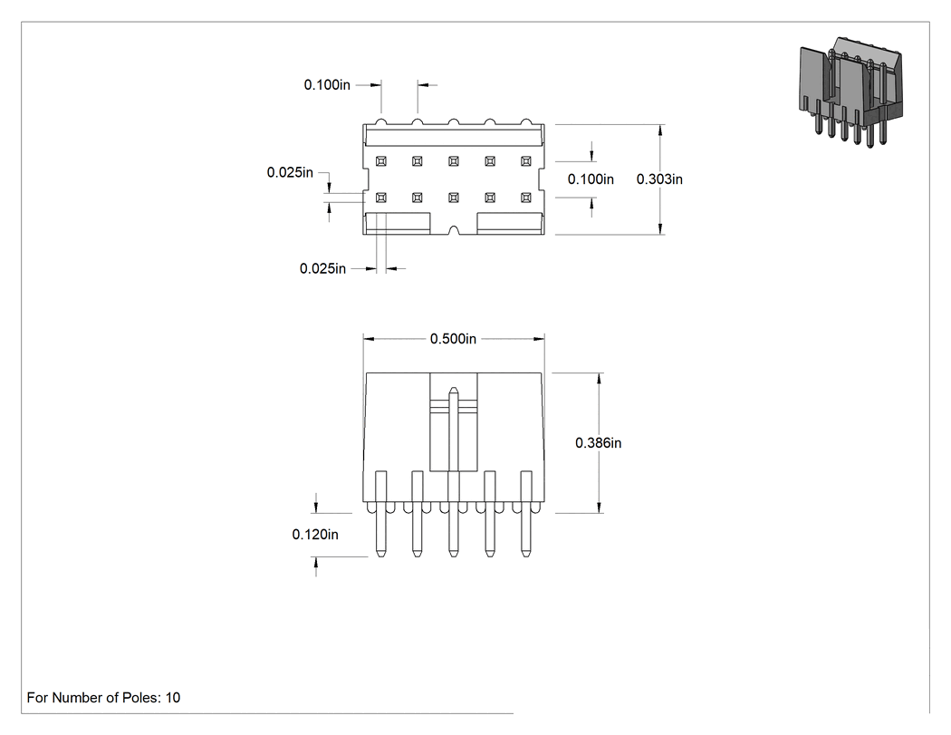 Teknik Çizim - 10 Kutuplu Başlıklar, Amphenol Devre Kartı Konektörleri için 2 Sıra x 5 Sütun