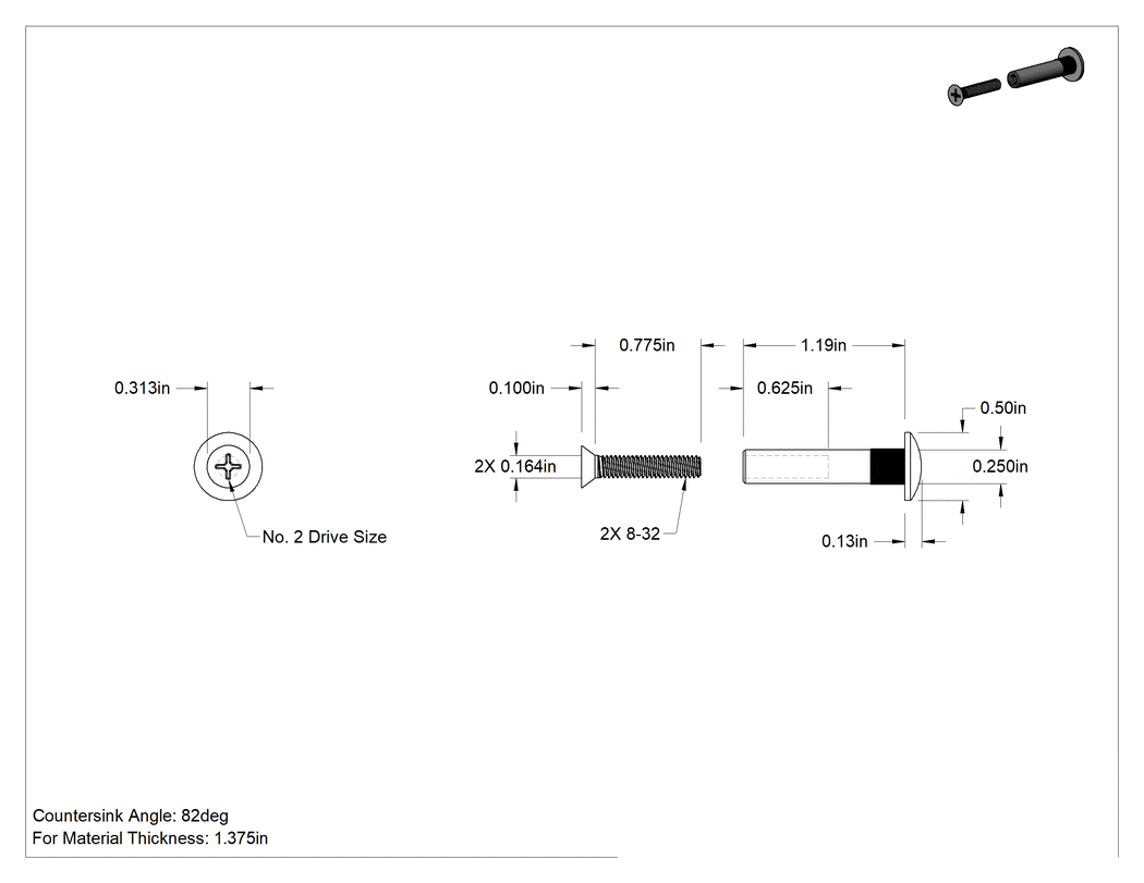 Teknik Çizim - 18-8 Paslanmaz Çelik Bağlama Silindiri ve Vida, Kapı Donanımı için, 8-32 Diş Boyutu, 1-3/8" Kalınlık için