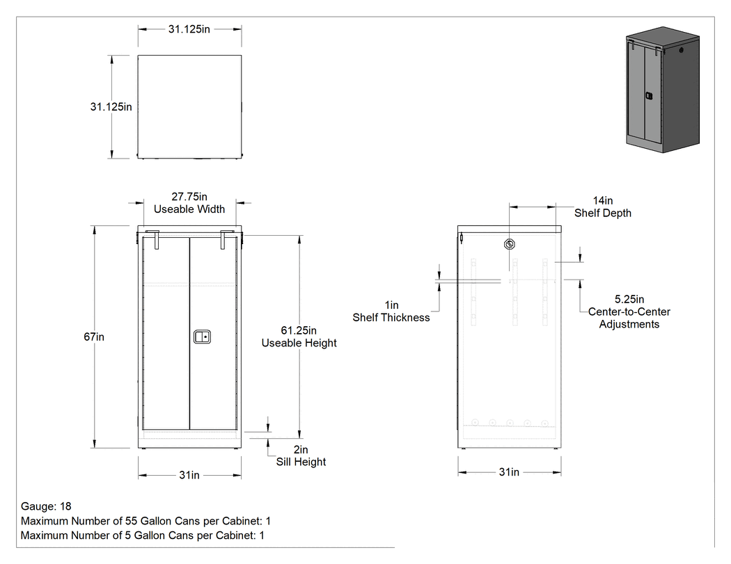 Teknik Çizim - 55 Galonluk Varillerde Yanıcı Maddeler için Güvenlik Dolabı, Dikey Depolama, Kendiliğinden Kapanan Kapaklar, 31" x 67" x 31"