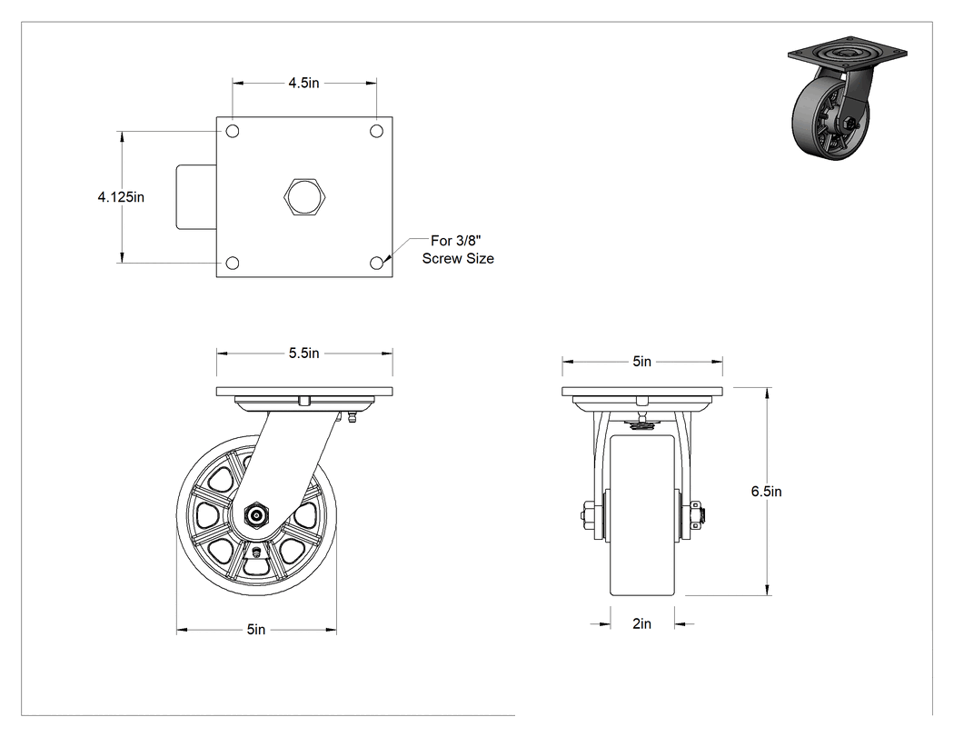 Teknik Çizim - 5-1/2" x 5" Plakalı Yüksek Kapasiteli Spartan Tekerlek, Açık Rulmanlı ve 5" Çapında Demir Tekerlekli Döner Ayak