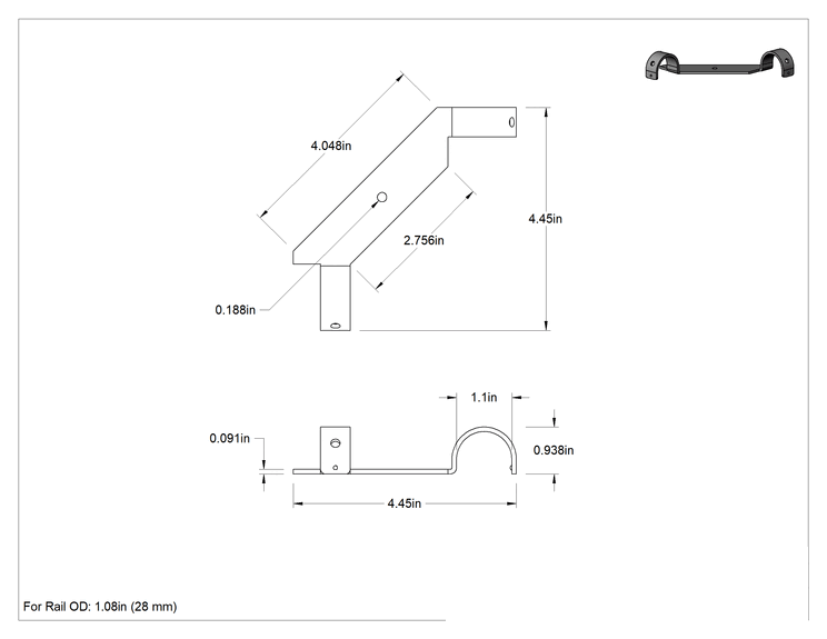 Teknik Çizim - 1.08 inç Dış Çaplı Kelepçeli Çerçeve Rayı için Destek