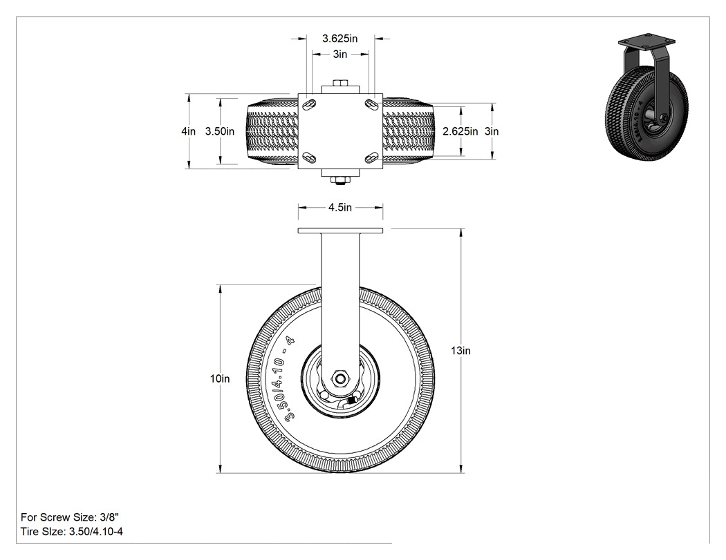 Teknik Çizim - 4-1/2" x 4" Plakalı Tekerlek, Sabit, 10" Çapında Gri Kauçuk Pnömatik Tekerlekli