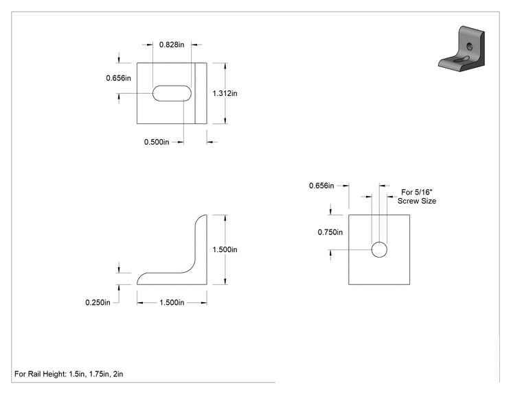 Teknik Çizim - Alüminyum Cıvatalı Çerçeveler için 1-1/2" Uzunlukta Oluklu Köşe Braketi