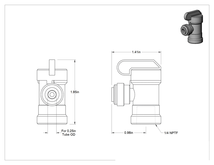 Teknik Çizim - İçme Suyu için Açma/Kapama Vanası, Dirsek, Polipropilen, 1/4" NPTF Dişi, 1/4" Boru Push-Connect