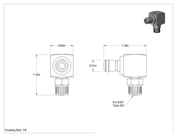 Teknik Çizim - Hava için Yüksek Basınçlı Pirinç Hızlı Bağlantı Boru Bağlantısı, Açık Akış Dirsek Tapası, 1/8 Kaplin Boyutu, 5/32" Boru Dış Çapı için