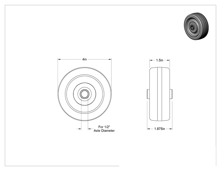 Teknik Çizim - Yüksek Sıcaklık Fenolik Tekerlek, 4" Çap x 1-1/2" Genişlik