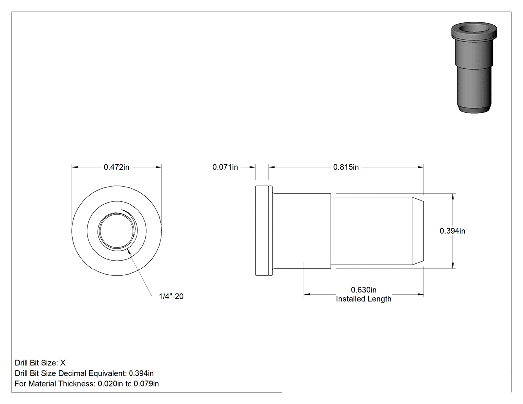 Teknik Çizim - Flanş Sızdırmaz Kapalı Uçlu Perçin Somunları, 1/4"-20 Diş Boyutu, 0.020 inç - 0.079 inç Malzeme Kalınlığı, Pürüzsüz