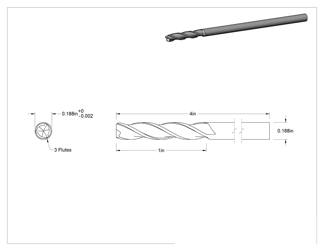 Teknik Çizim - Karbür 3 Kanallı Parmak Frezesi, Kare Uç, TiN Kaplamalı, 3/16" Freze Çapı, 4" Toplam Uzunluk