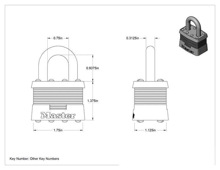 Teknik Çizim - Lamine Çelik Gövdeli Asma Kilit, Master Lock 1 Aynı Anahtarlı