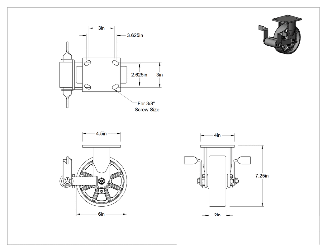 Teknik Çizim - 4-1/2" x 4" Plakalı Yüksek Kapasiteli Spartan Tekerlek, Frenli ve 6 inç Çapında Açık Rulmanlı Metal Tekerlekli Sert