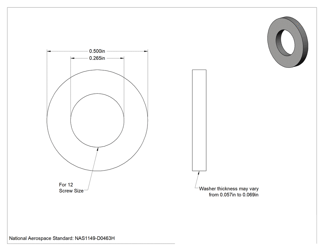 Teknik Çizim - Pirinç Mil. Spes. Pul, 1/4" Vida Boyutu, 0.265" İç Çap, 0.25" Dış Çap, 0.057 inç - 0.069 inç Kalınlık