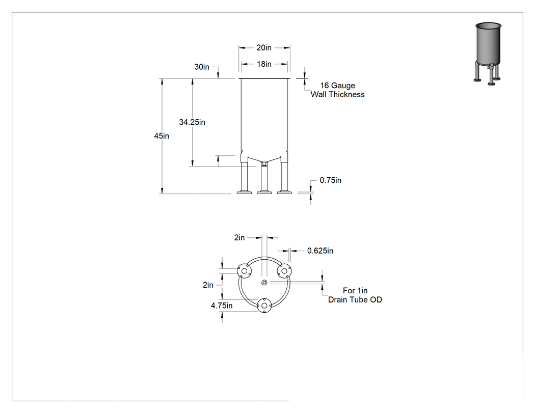 Teknik Çizim - 304 Paslanmaz Çelik Kolay Boşaltmalı Tank, Hijyenik Hızlı Kelepçeli Drenaj Bağlantılı, 30 Galon Kapasite