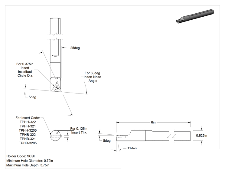 Teknik Çizim - Delik Açma Karbür Uç Tutucu, Kod Scbi, Sağ Yönlü, 5/8" Şaft Çapı, 1/8" Ek Parça Kalınlığı için