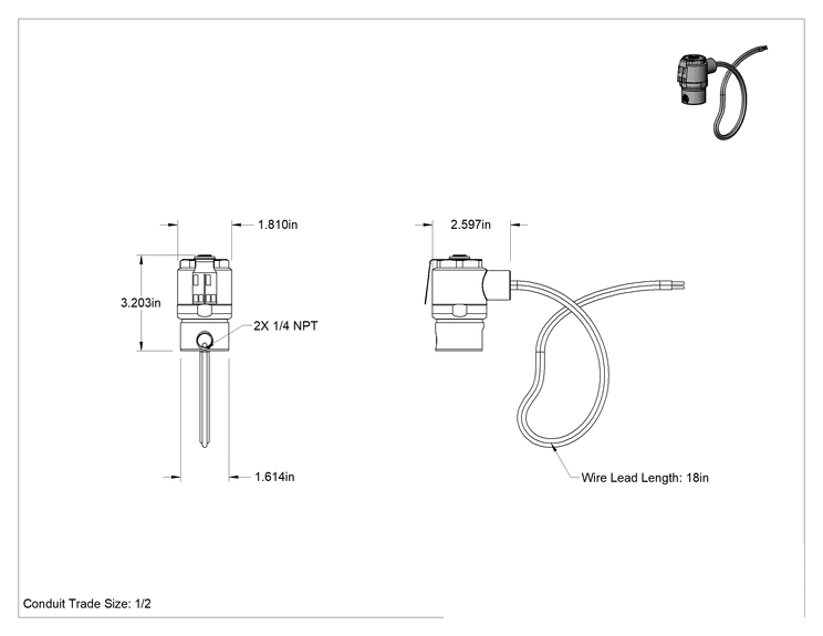 Teknik Çizim - 303 Paslanmaz Çelik Tehlikeli Ortam Solenoid Açma/Kapama Vanası, İnert Gaz için, 24V DC, 1/4 NPT Dişi, 1500 Maksimum PSI