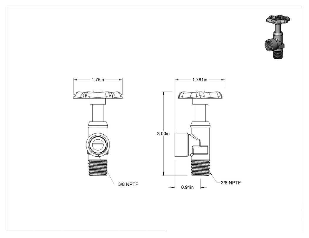 Teknik Çizim - Yakıt için Hassas Akış Ayar Valfi, Pirinç, 3/8 NPTF Erkek x Dişi