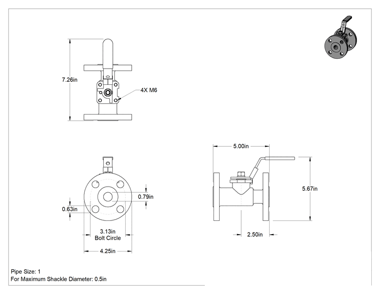 Teknik Çizim - Flanşlı 316 Paslanmaz Çelik Açma/Kapama Vanası, Standart Bağlantı Noktası, 1 Boru Boyutu, 150 Basınç Sınıfı