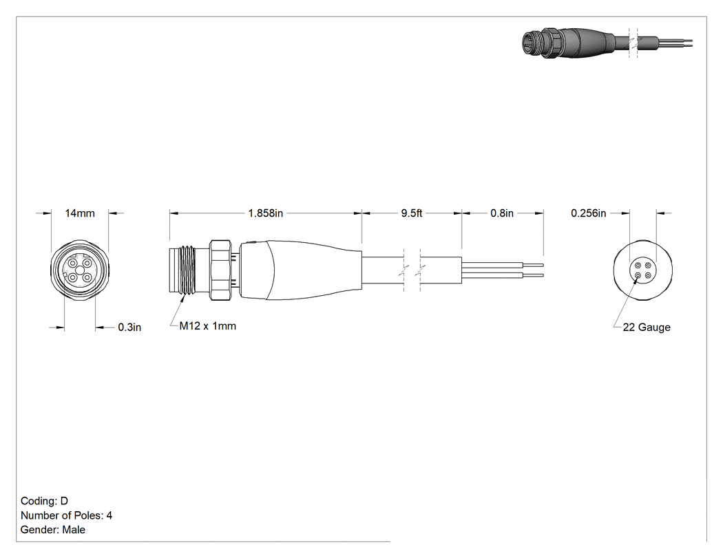 Teknik Çizim - Vidalı Mikro M12 Ethernet Kablosu, Yiyecek ve İçecek, 4 Kutup, 9.5 Fit Uzunluğunda Kablo Uçları