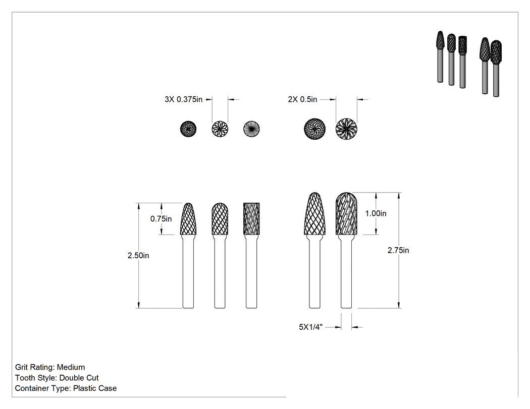 Teknik Çizim - 1/4" çapında şaftlı karbür freze seti, 5 Parça, Çift Kesimli Diş, 2-1/2" ila 2-3/4" Toplam Uzunluk