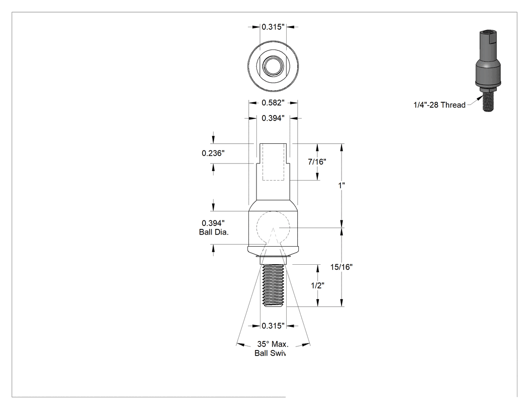 Teknik Çizim - Doğrusal Bilyeli Mafsal Bağlantısı, 1/4"-28 Sağ Dış Diş