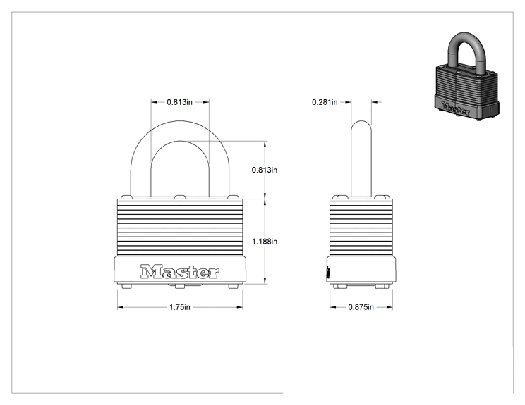 Teknik Çizim - Lamine Çelik Gövdeli Asma Kilit, Master Lock 500, 203 Numaralı Anahtarla Eş Anahtarlı