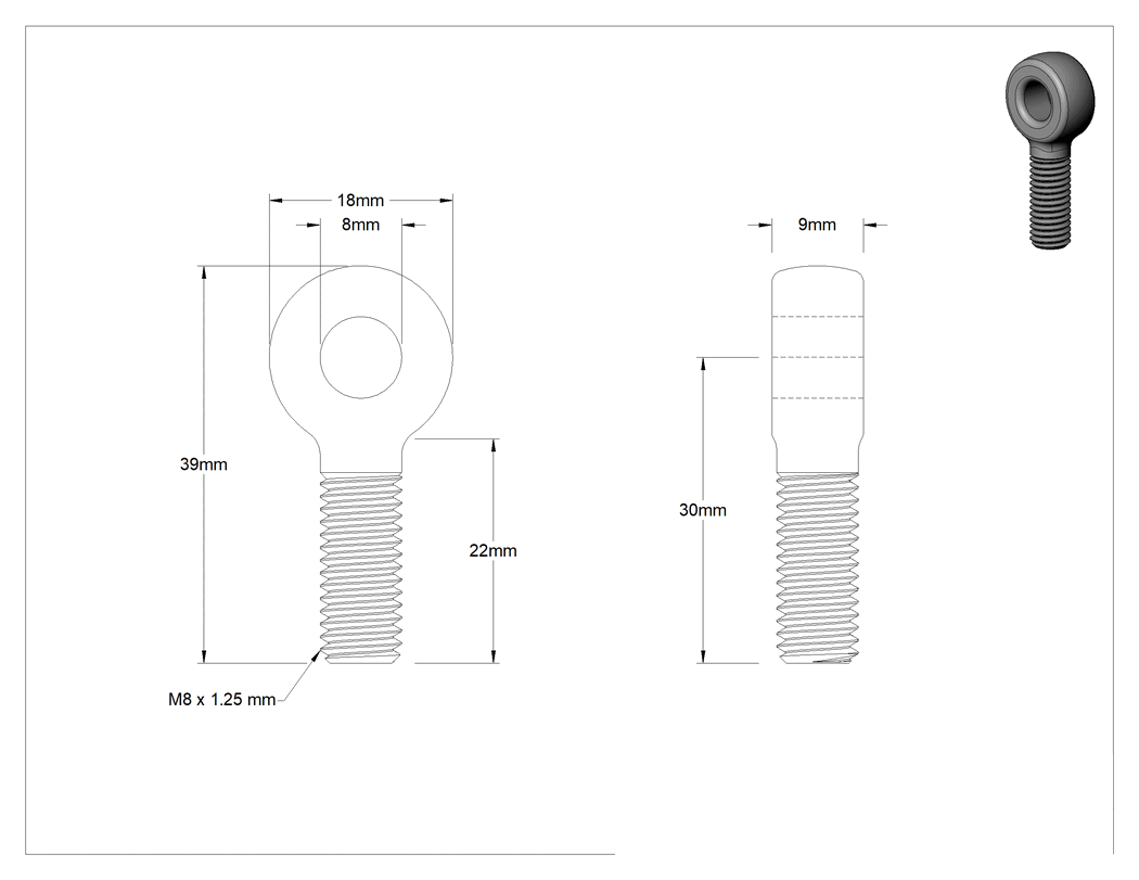 Teknik Çizim - Tam Gijon Ucu Cıvatası, Sağ Yönlü M8 x 1.25 mm Şaft, 30 mm Şaft Merkez Uzunluğu