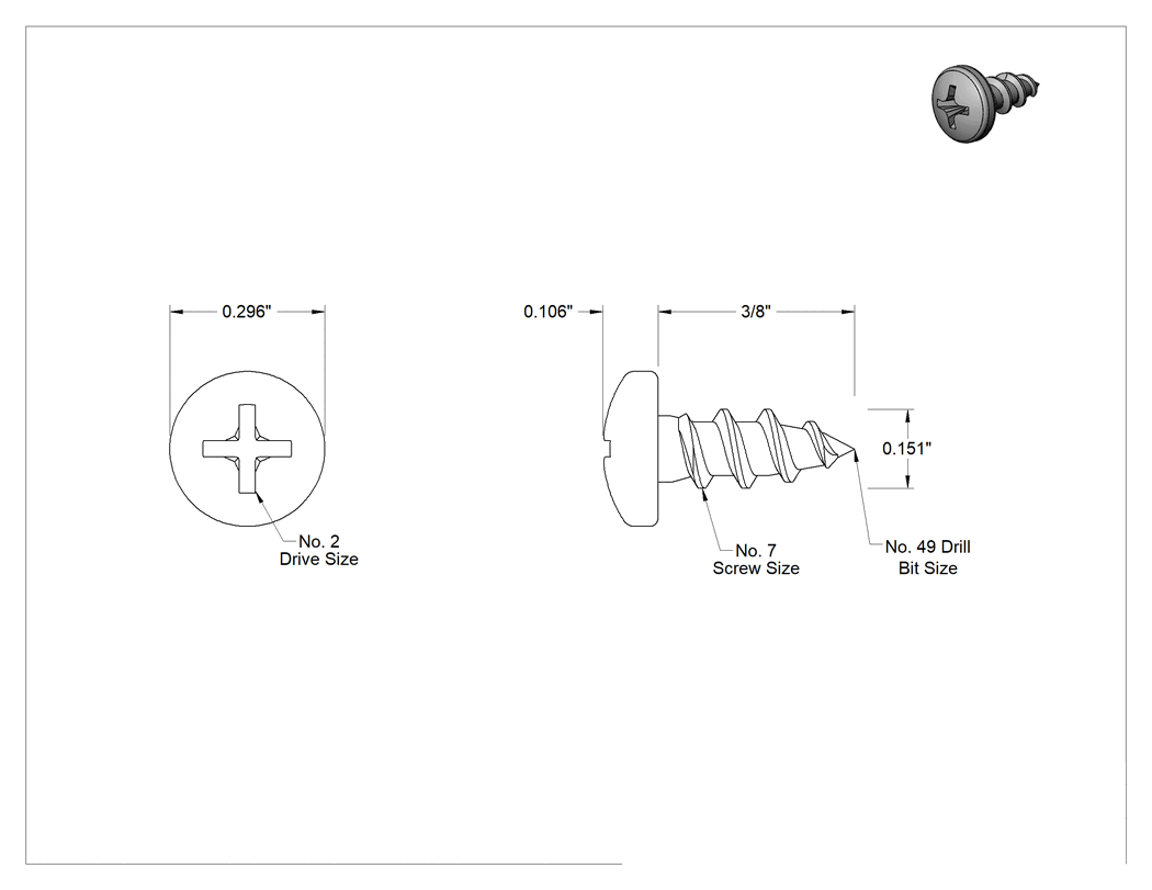 Teknik Çizim - Sunta ve Sunta Levha Vidaları, Yuvarlak Başlı, Siyah Oksit Çelik, 7 Numaralı Vida Boyutu, 3/8" Uzunluk