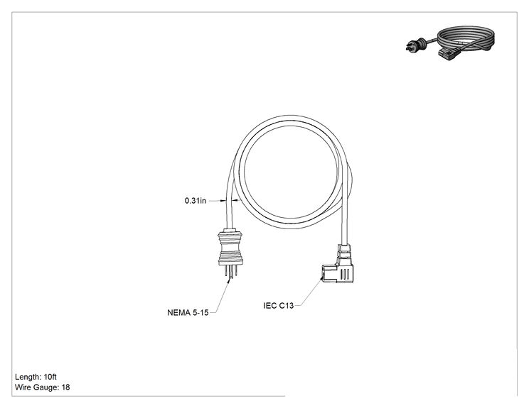 Teknik Çizim - Elektronik Ekipman Güç Kablosu, NEMA 5-15 Fiş x Dirsek IEC C13 Priz, 18 AWG, 10' Uzunluk
